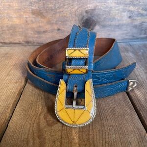 Retro 80's Made in France Blue Green Embossed Belt Enamel Buckle Yellow Size xs